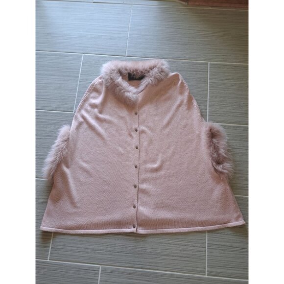 Belle Fare Pink Knit Poncho Fox Fur Collar & Cuffs Wool Blend Womens OS Luxury - Picture 2 of 11